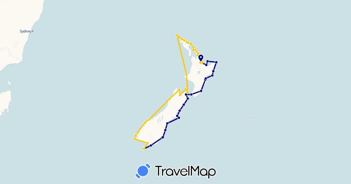TravelMap itinerary: driving, sailing kahu in New Zealand (Oceania)